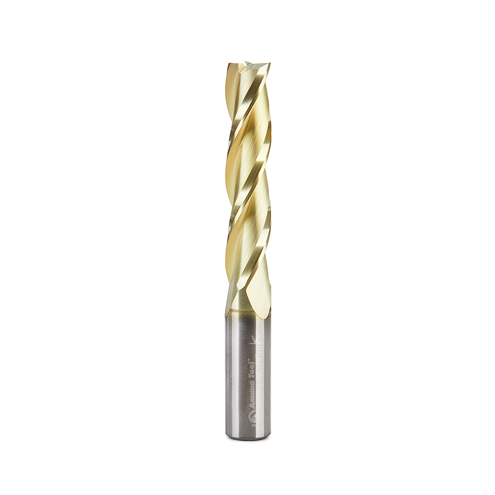 Amana 46597 CNC 2D and 3D Carving Flat Bottom 0.10 Deg Straight Angle x 3/8 Dia x 1-3/4 x 3/8 Shank x 3 Inch Long x 3 Flute Solid Carbide ZrN Coated Router Bit