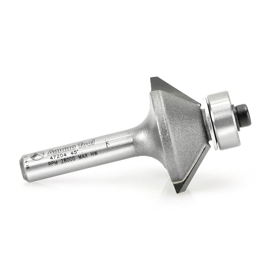 Amana 47204 Carbide Tipped Bevel Laminate Trim 45 Deg x 1-1/16 Dia x 1/4 x 1/4 Inch Shank with Ball Bearing