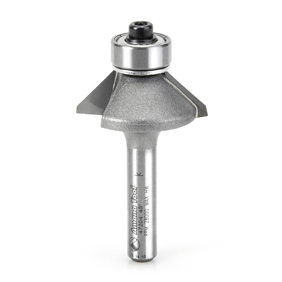 Amana 47204 Carbide Tipped Bevel Laminate Trim 45 Deg x 1-1/16 Dia x 1/4 x 1/4 Inch Shank with Ball Bearing