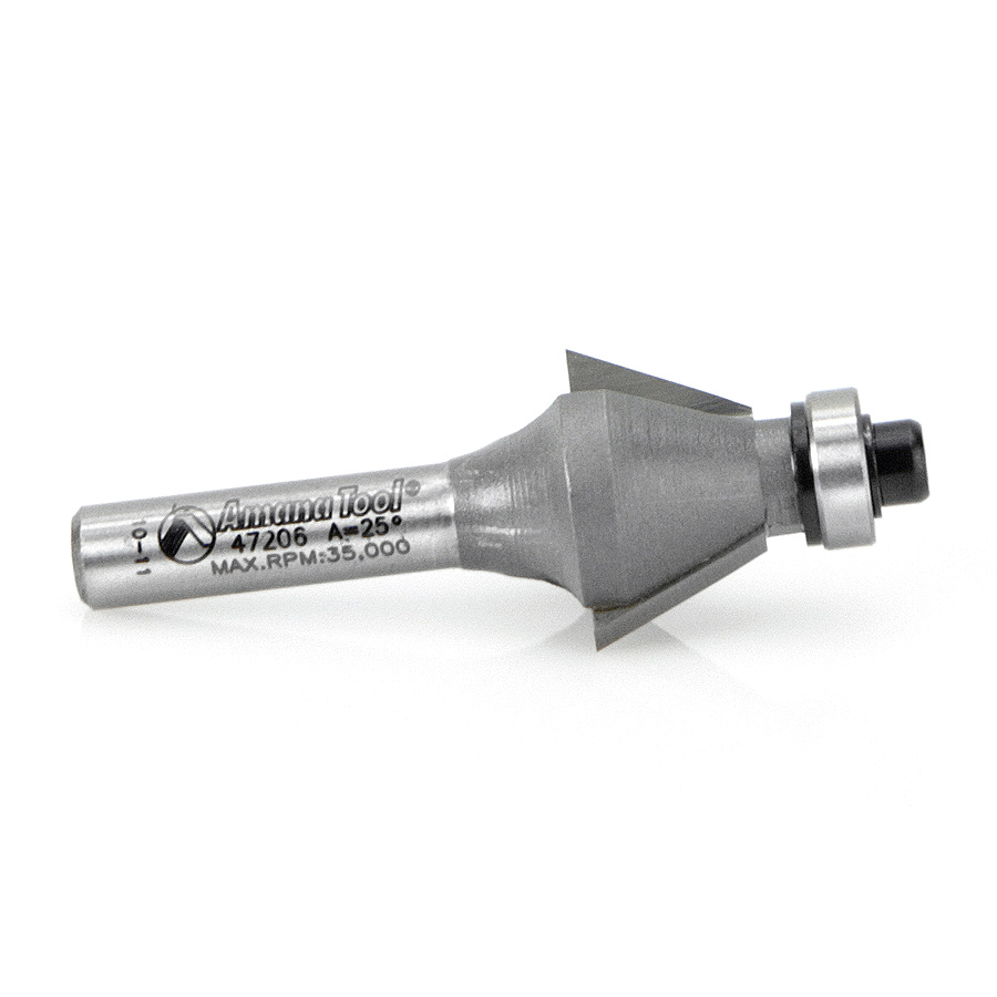 Amana 47206 Carbide Tipped Bevel Laminate Trim 25 Deg x 3/4 Dia x 7/16 x 1/4 Inch Shank with Ball Bearing