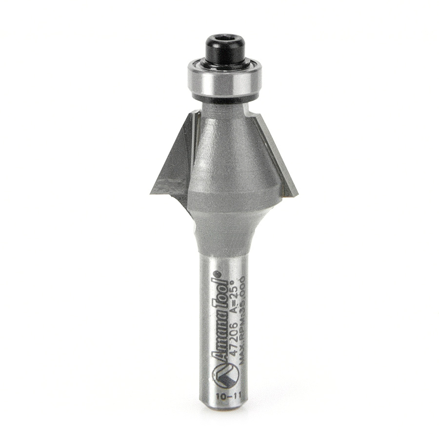 Amana 47206 Carbide Tipped Bevel Laminate Trim 25 Deg x 3/4 Dia x 7/16 x 1/4 Inch Shank with Ball Bearing