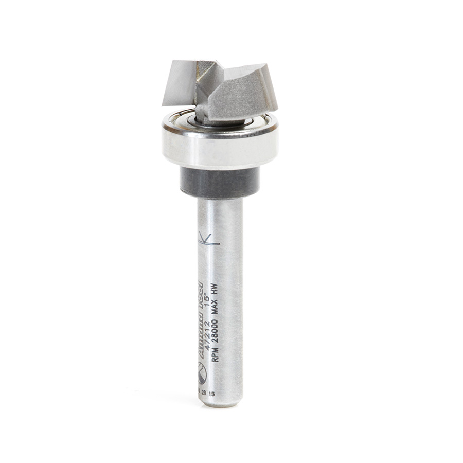 Amana 47212 Carbide Tipped Bevel Trim 15 Deg x 5/8 Dia x 1/4 x 1/4 Inch Shank with Upper Ball Bearing