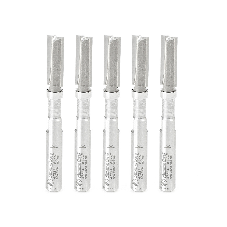 Amana 47224-5 5 Pack Miniature Flush Trim Plunge Template 1/4 Dia x 3/4 x 1/4 Inch Shank Carbide Tipped Router Bits with Mini 1/4 Dia Upper Ball Bearing
