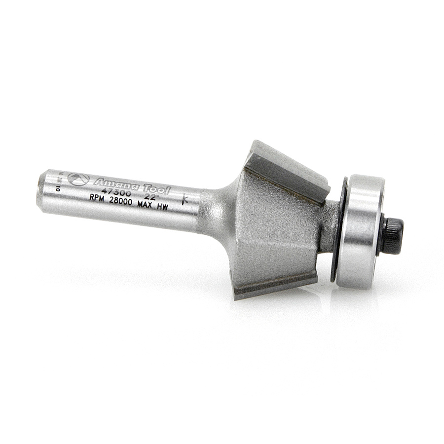 Amana 47300 Carbide Tipped Bevel Laminate Trim 22 Deg x 15/16 Dia x 7/16 x 1/4 Inch Shank with Ball Bearing 3-Flute