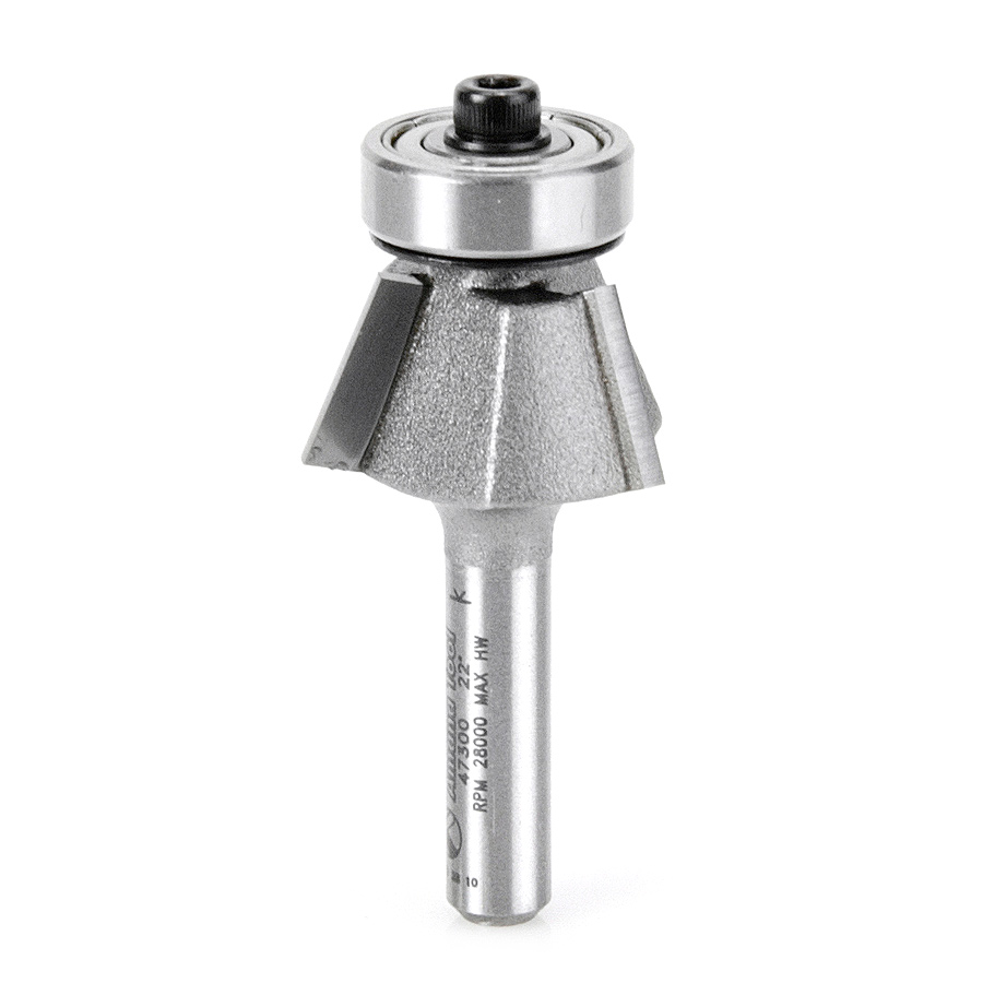 Amana 47300 Carbide Tipped Bevel Laminate Trim 22 Deg x 15/16 Dia x 7/16 x 1/4 Inch Shank with Ball Bearing 3-Flute
