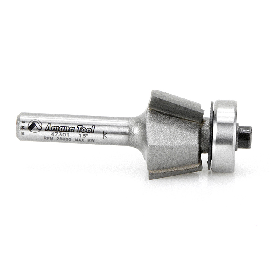 Amana 47301 Carbide Tipped Bevel Laminate Trim 15 Deg x 51/64 Dia x 7/16 x 1/4 Inch Shank with Ball Bearing 3-Flute