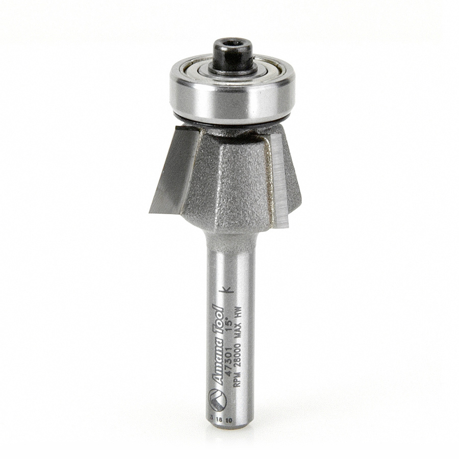 Amana 47301 Carbide Tipped Bevel Laminate Trim 15 Deg x 51/64 Dia x 7/16 x 1/4 Inch Shank with Ball Bearing 3-Flute