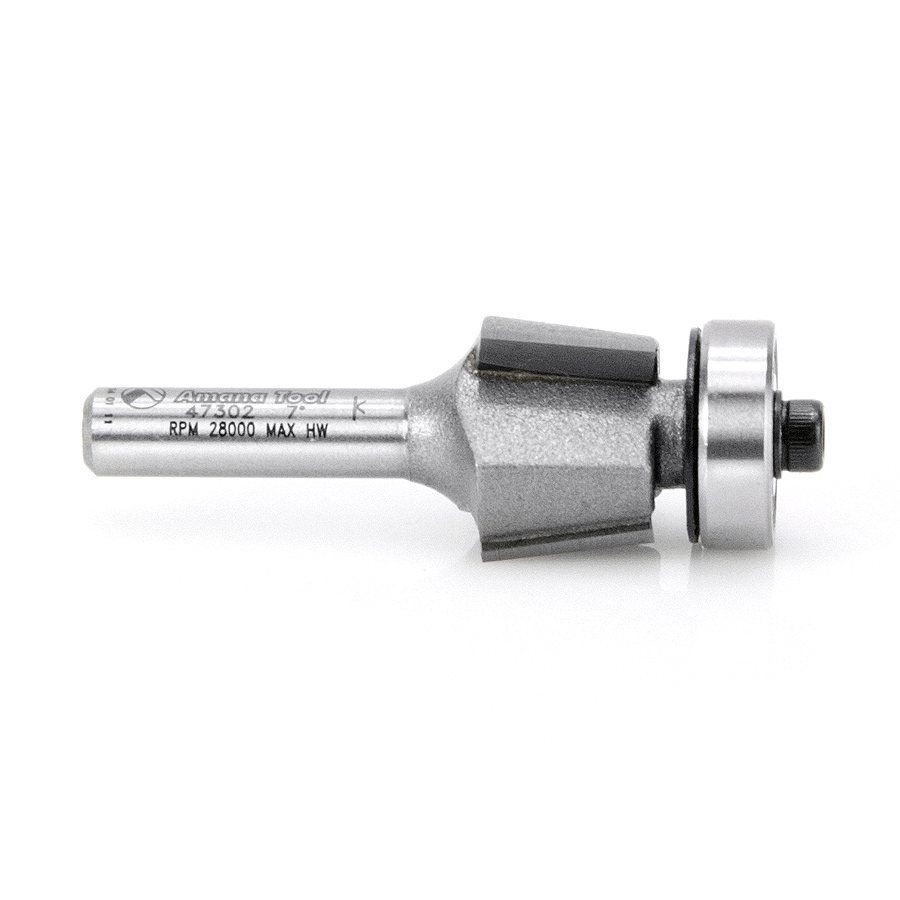 Amana 47302 Carbide Tipped Bevel Laminate Trim 7 Deg x 3/4 Dia x 7/16 x 1/4 Inch Shank with Ball Bearing 3-Flute