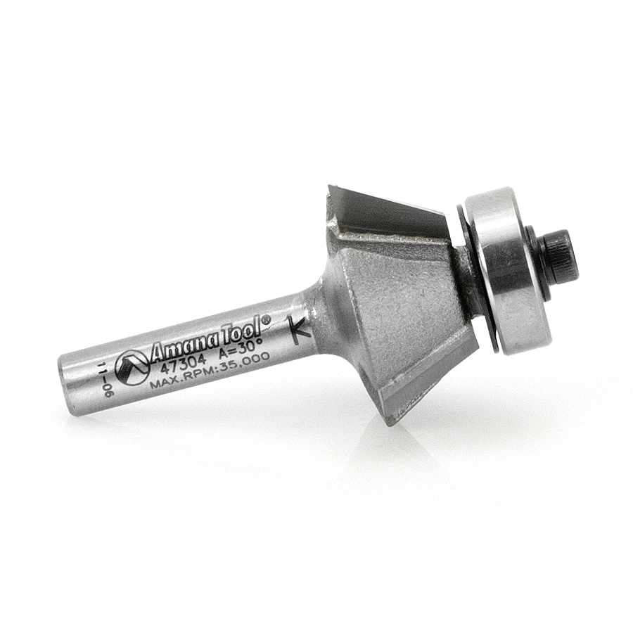 Amana 47304 Carbide Tipped Bevel Laminate Trim 30 Deg x 1-3/32 Dia x 7/16 x 1/4 Inch Shank with Ball Bearing 3-Flute