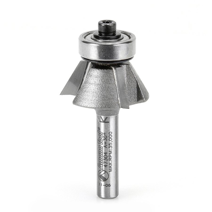Amana 47304 Carbide Tipped Bevel Laminate Trim 30 Deg x 1-3/32 Dia x 7/16 x 1/4 Inch Shank with Ball Bearing 3-Flute