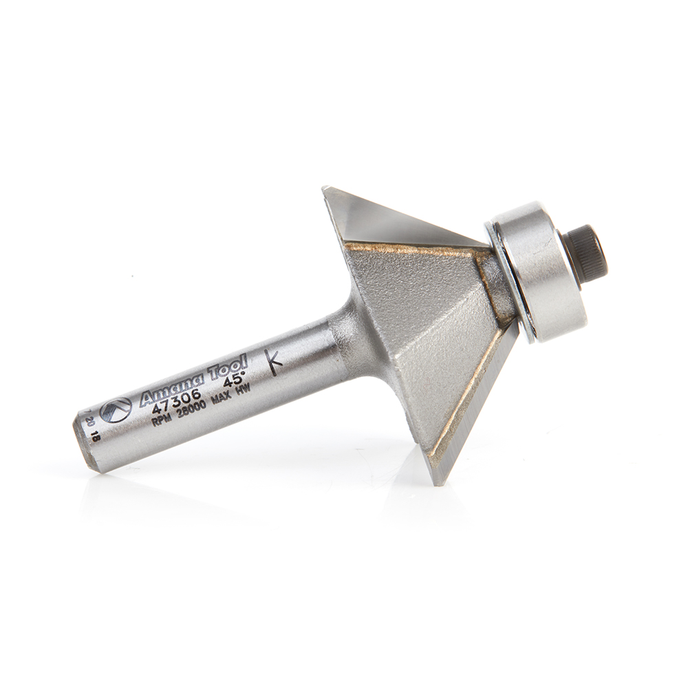 Amana 47306 Carbide Tipped Chamfer 45 Deg x 1-19/64 Dia x 7/16 x 1/4 Inch Shank with Ball Bearing 3-Flute