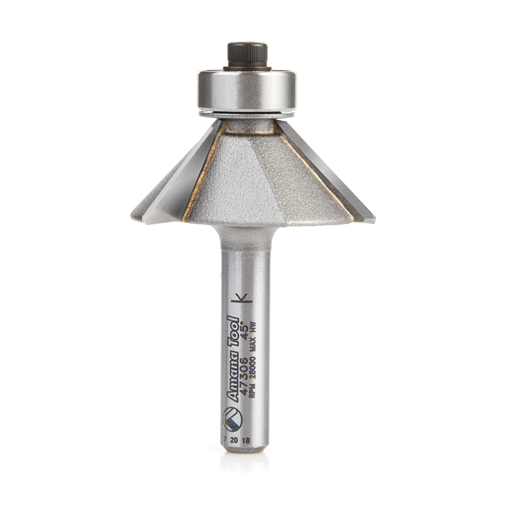 Amana 47306 Carbide Tipped Chamfer 45 Deg x 1-19/64 Dia x 7/16 x 1/4 Inch Shank with Ball Bearing 3-Flute