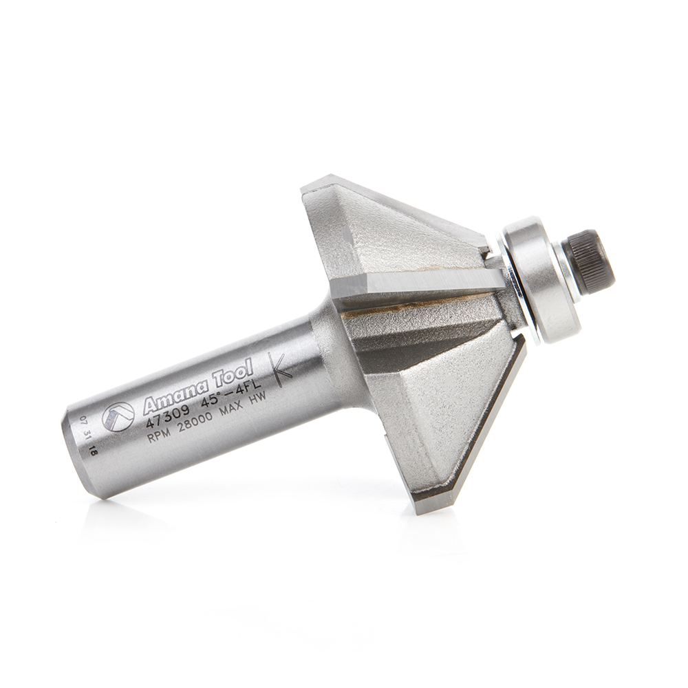 Amana 47309 Carbide Tipped Chamfer 45 Deg x 1-3/4 Dia x 3/4 x 1/2 Inch Shank with Ball Bearing 4-Flute