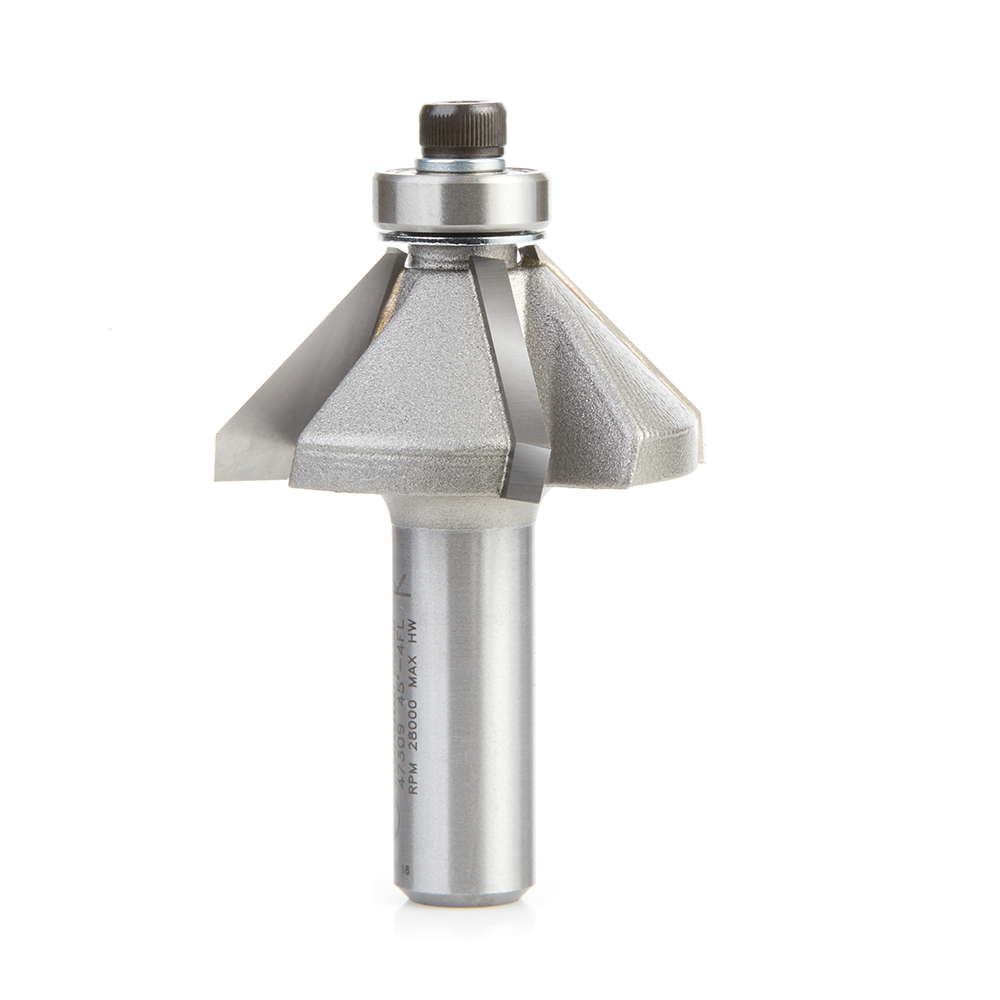 Amana 47309 Carbide Tipped Chamfer 45 Deg x 1-3/4 Dia x 3/4 x 1/2 Inch Shank with Ball Bearing 4-Flute