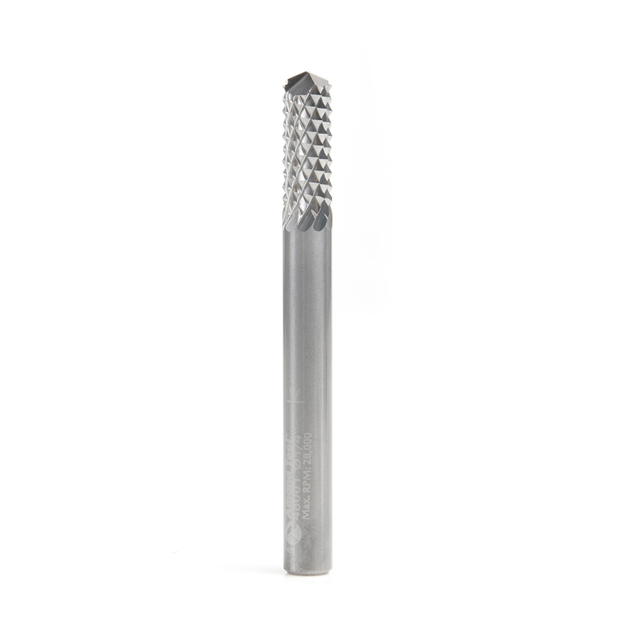 Amana 48001 Solid Carbide Medium Burr with 135 Degree Drill Point Fiberglass and Composite Cutting 1/4 Dia x 3/4 x 1/4 Shank Router Bit
