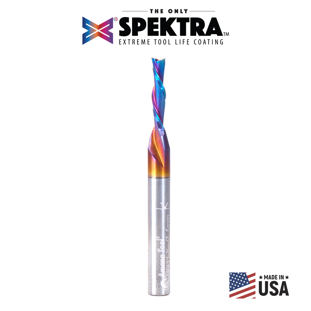 Amana 48211-K Solid Carbide Spektra, Extreme Tool Life Coated Spiral Plunge 4mm Dia x 3/4 x 1/4 Shank Router Bit for Drilling Shelf Pin Holes