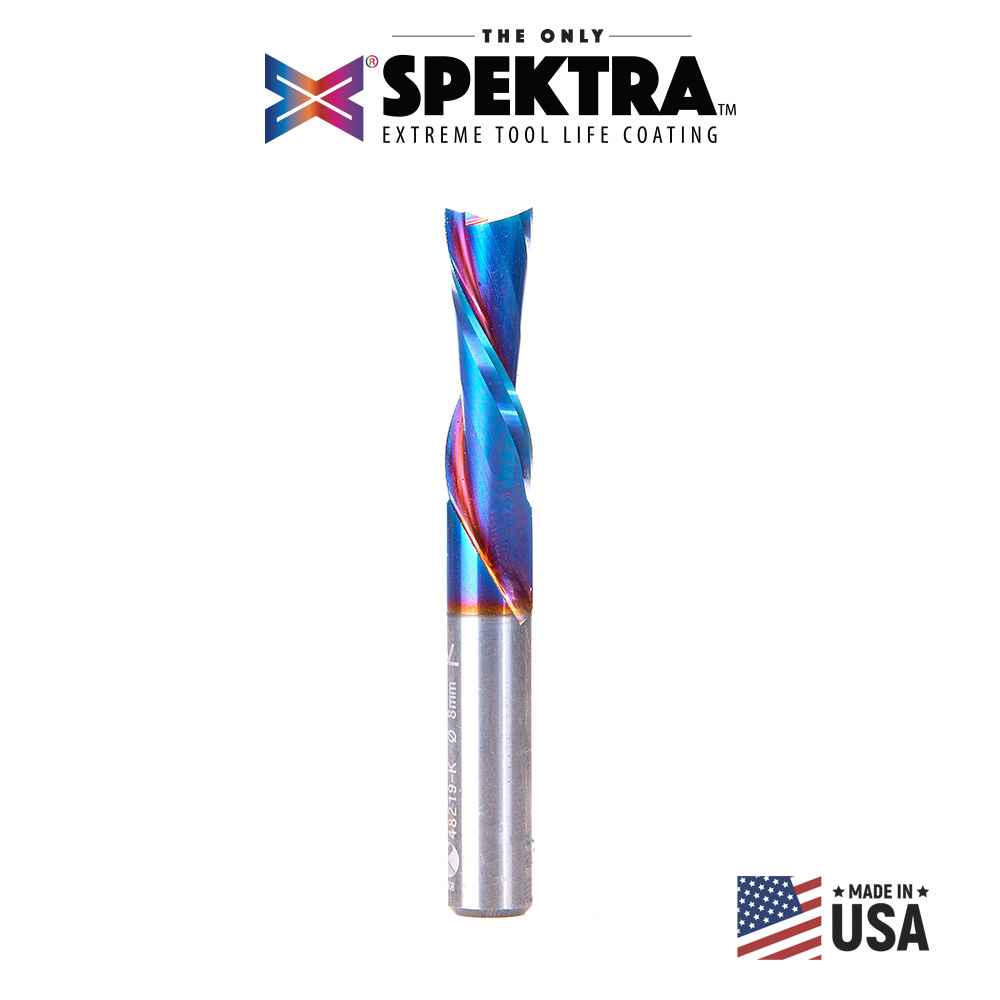 Amana 48219-K Solid Carbide Spektra, Extreme Tool Life Coated Spiral Plunge 8mm Dia x 1 x 8mm Shank Down-Cut Router Bit for Drilling Shelf Pin Holes