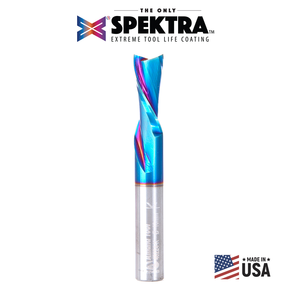 Amana 48224-K Solid Carbide Spektra, Extreme Tool Life Coated Spiral Plunge 10mm Dia x 1 x 10mm Shank Down-Cut Router Bit for Drilling Shelf Pin Holes