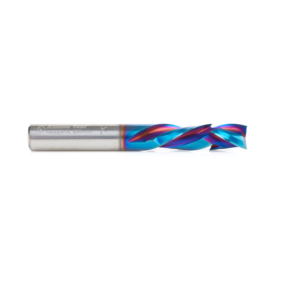 Amana 48323-K-M CNC Solid Carbide Spektra, Extreme Tool Life Coated Compression Spiral 3 Flute x 8mm Dia x 25mm x 8mm Shank