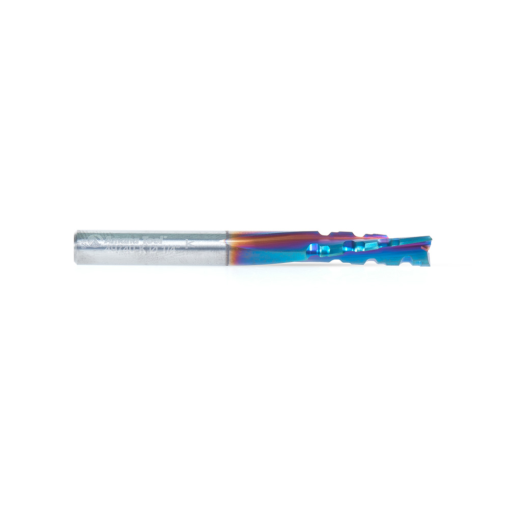Amana 49740-K Solid Carbide CNC Spektra, Extreme Tool Life Coated Spiral Phenolic, Resin and Composite with Chipbreaker 1/4 Dia x 3/4 x 1/4 Shank x 2-1/2 Inch Long Slow Helix Down-Cut Router Bit