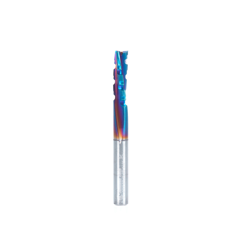 Amana 49740-K Solid Carbide CNC Spektra, Extreme Tool Life Coated Spiral Phenolic, Resin and Composite with Chipbreaker 1/4 Dia x 3/4 x 1/4 Shank x 2-1/2 Inch Long Slow Helix Down-Cut Router Bit