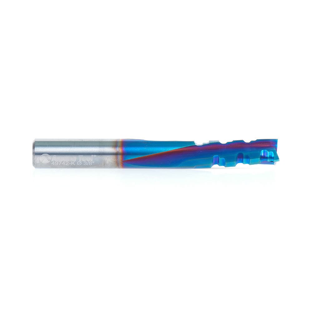 Amana 49742-K Solid Carbide CNC Spektra, Extreme Tool Life Coated Spiral Phenolic, Resin and Composite with Chipbreaker 3/8 Dia x 1 x 3/8 Shank x 3 Inch Long Slow Helix Down-Cut Router Bit