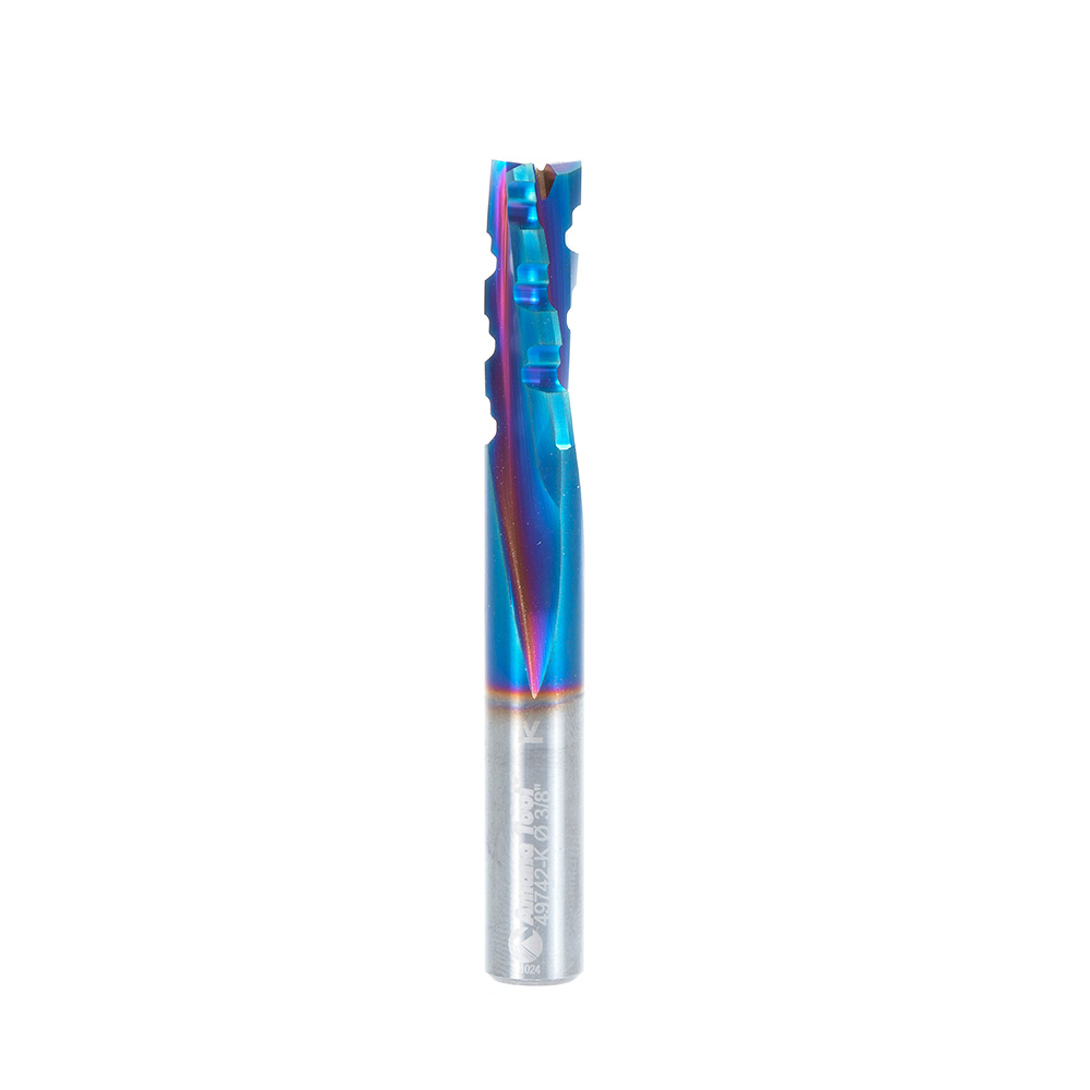 Amana 49742-K Solid Carbide CNC Spektra, Extreme Tool Life Coated Spiral Phenolic, Resin and Composite with Chipbreaker 3/8 Dia x 1 x 3/8 Shank x 3 Inch Long Slow Helix Down-Cut Router Bit