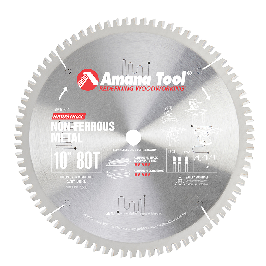Amana 510801 Carbide Tipped Aluminum and Non-Ferrous Metals 10 Inch Dia x 80T TCG, -6 Deg, 5/8 Bore