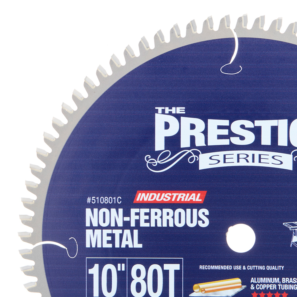 Amana 510801C Carbide Tipped Prestige® Aluminum and Non-Ferrous Metals 10 Inch Dia x 80T TCG, -6 Deg, 5/8 Bore