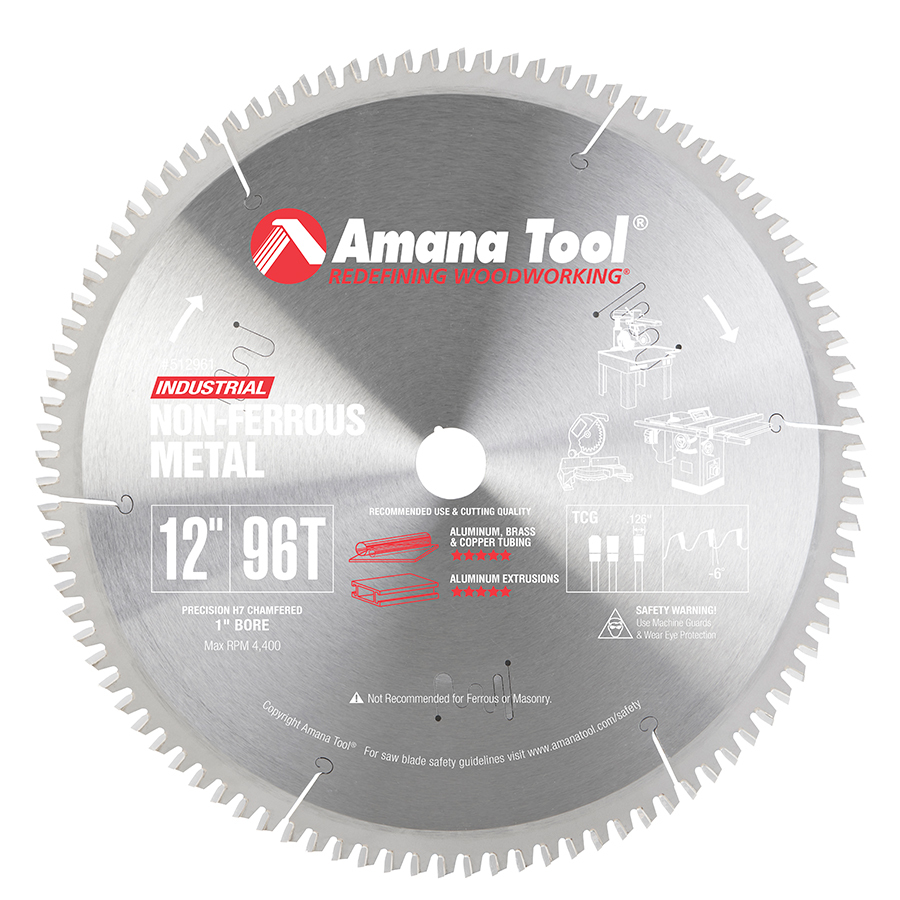 Amana 512961 Carbide Tipped Aluminum and Non-Ferrous Metals 12 Inch Dia x 96T TCG, -6 Deg, 1 Inch Bore