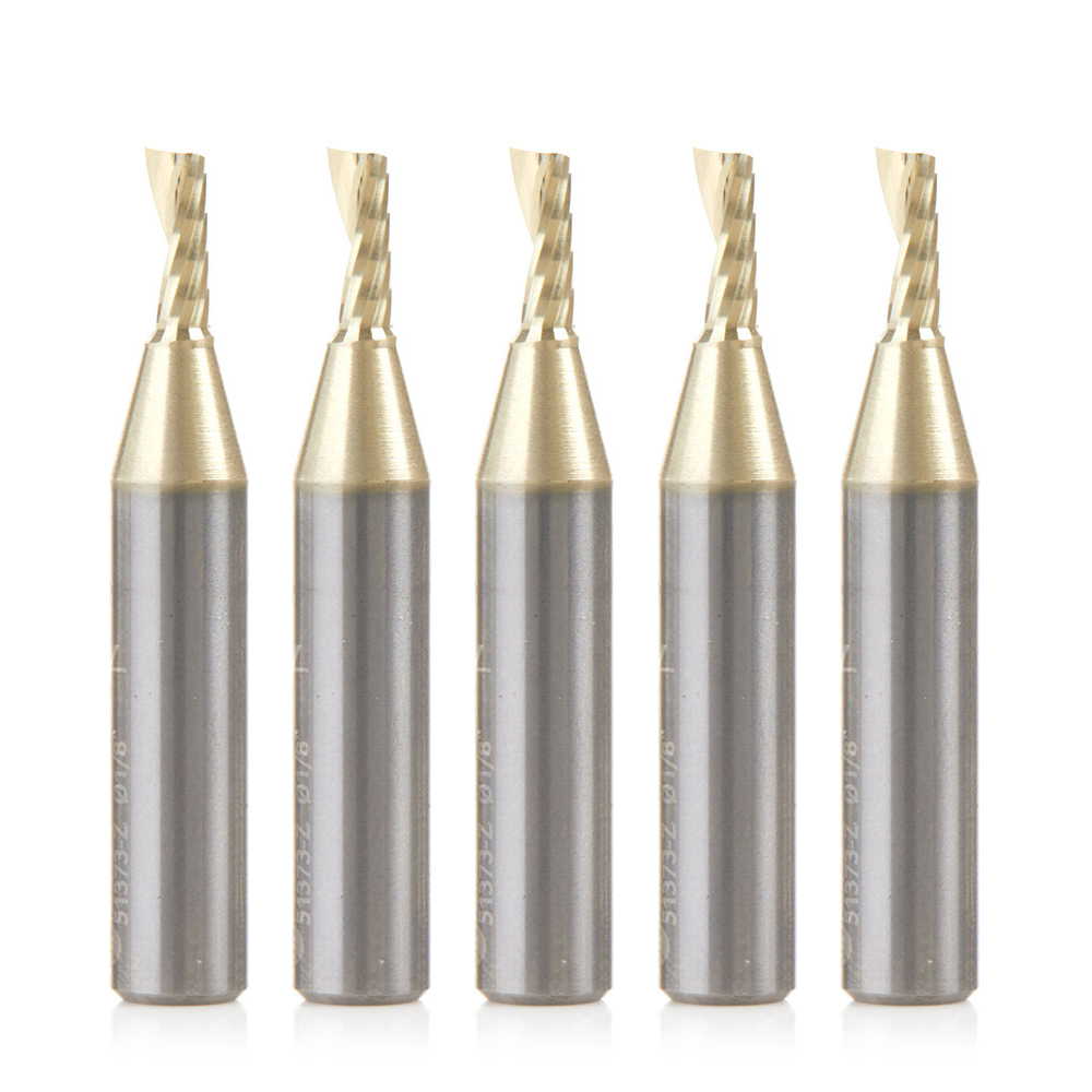 Amana 51373-Z-5 5 Pack Solid Carbide CNC Spiral 'O' Flute, Aluminum Cutting 1/8 Dia x 5/16 x 1/4 Shank Up-Cut ZrN Coated Router Bits