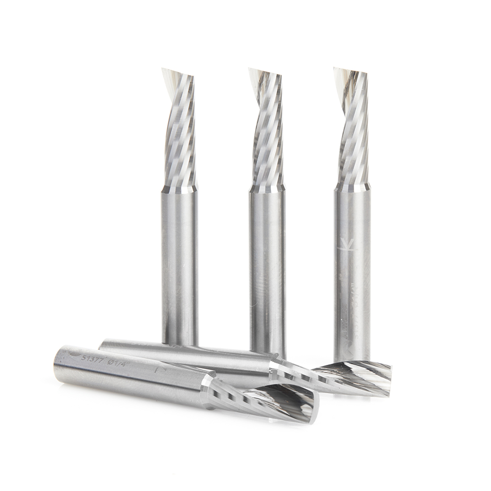 Amana 51377-5 5-Pack Solid Carbide CNC Spiral 'O' Single Flute, Aluminum Cutting 1/4 Dia x 3/4 x 1/4 Shank x 2 Inch Long Up-Cut Router Bit