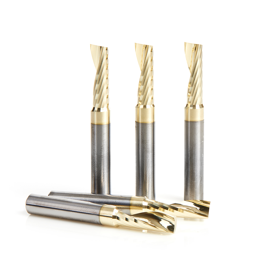 Amana 51377-Z-5 5-Pack Solid Carbide CNC Spiral 'O' Flute, Aluminum Cutting 1/4 Dia x 3/4 x 1/4 Shank Up-Cut ZrN Coated Router Bit