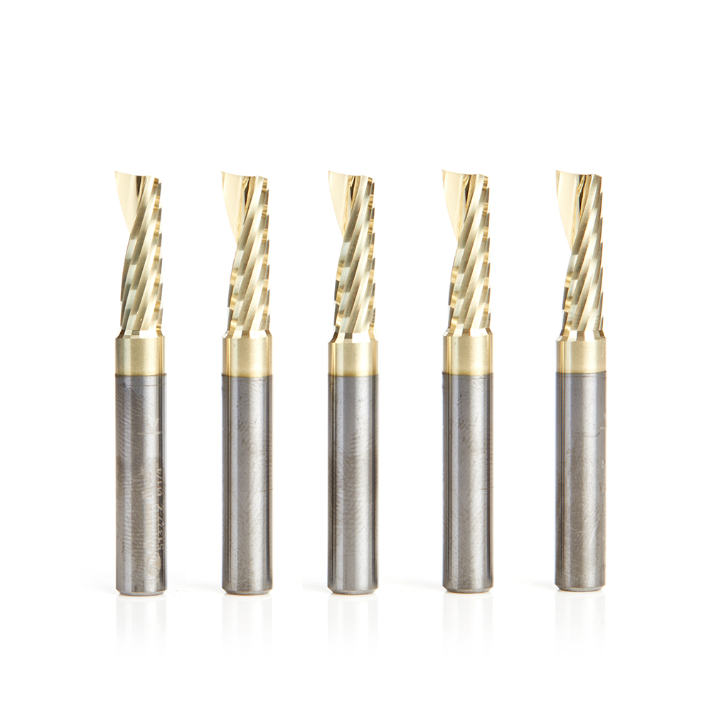 Amana 51377-Z-5 5-Pack Solid Carbide CNC Spiral 'O' Flute, Aluminum Cutting 1/4 Dia x 3/4 x 1/4 Shank Up-Cut ZrN Coated Router Bit