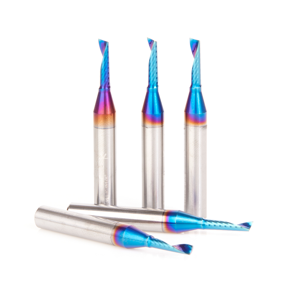 Amana 51411-K-5 5-Pack Solid Carbide CNC Spektra, Extreme Tool Life Coated Spiral 'O' Flute, Plastic Cutting 1/8 Dia x 1/2 x 1/4 Shank Up-Cut Design Router Bit