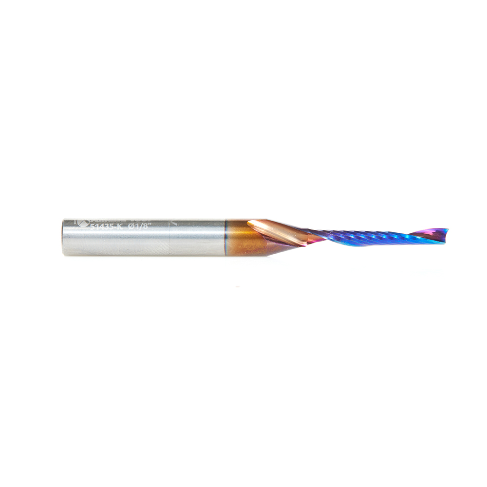 Amana 51435-K Solid Carbide CNC Spektra, Extreme Tool Life Coated Spiral 'O' Flute, Plastic Cutting 1/8 Dia x 7/8 x 1/4 Shank Up-Cut Design Router Bit