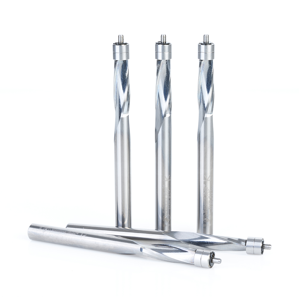 Amana 51436-5 5-Pack Solid Carbide Spiral Plastic Flush Trim 1/4 Dia x 3/4 x 1/4 Shank x 3 Inch Long Double Ball Bearing