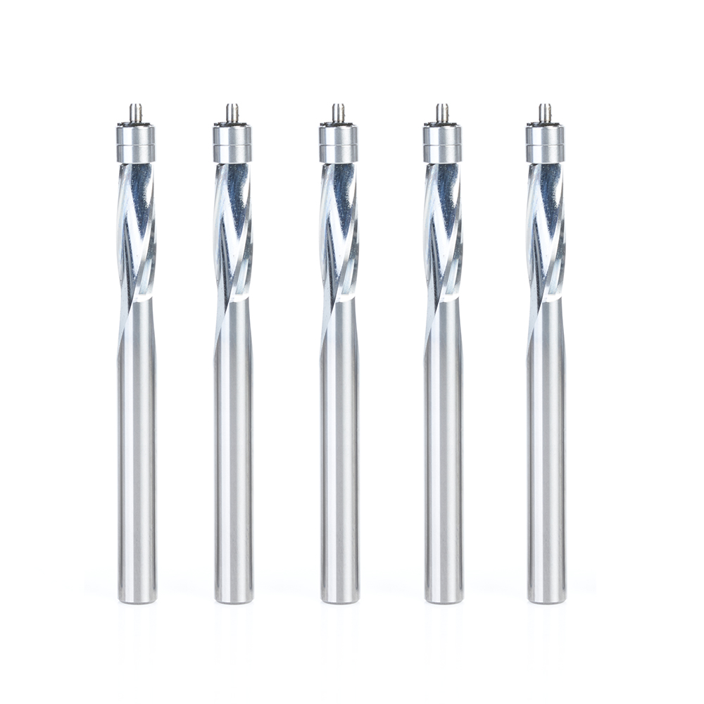 Amana 51436-5 5-Pack Solid Carbide Spiral Plastic Flush Trim 1/4 Dia x 3/4 x 1/4 Shank x 3 Inch Long Double Ball Bearing