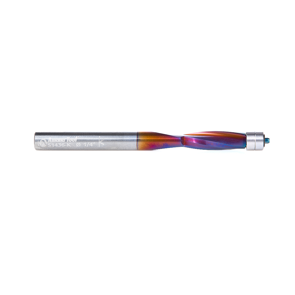 Amana 51436-K Solid Carbide Spektra, Extreme Tool Life Coated Spiral Plastic Flush Trim 1/4 Dia x 3/4 x 1/4 Shank x 3 Inch Long Double Ball Bearing