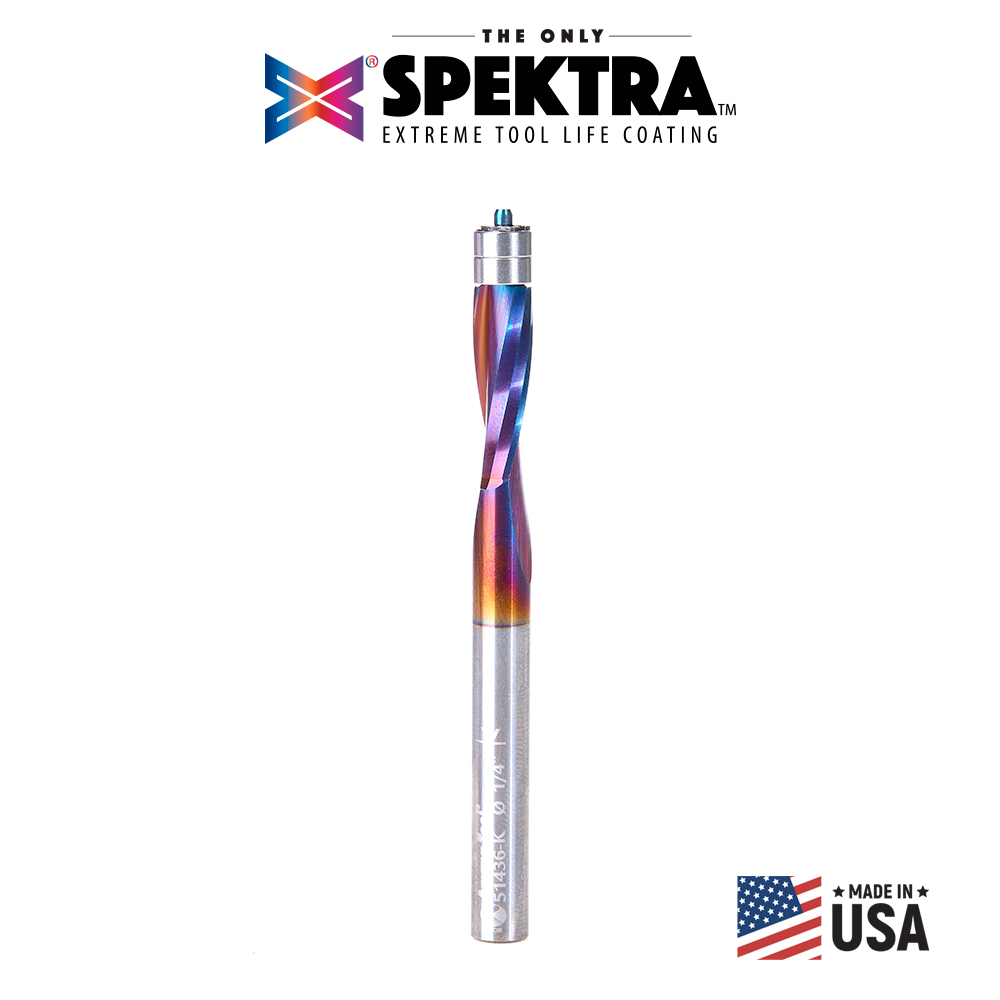 Amana 51436-K Solid Carbide Spektra, Extreme Tool Life Coated Spiral Plastic Flush Trim 1/4 Dia x 3/4 x 1/4 Shank x 3 Inch Long Double Ball Bearing