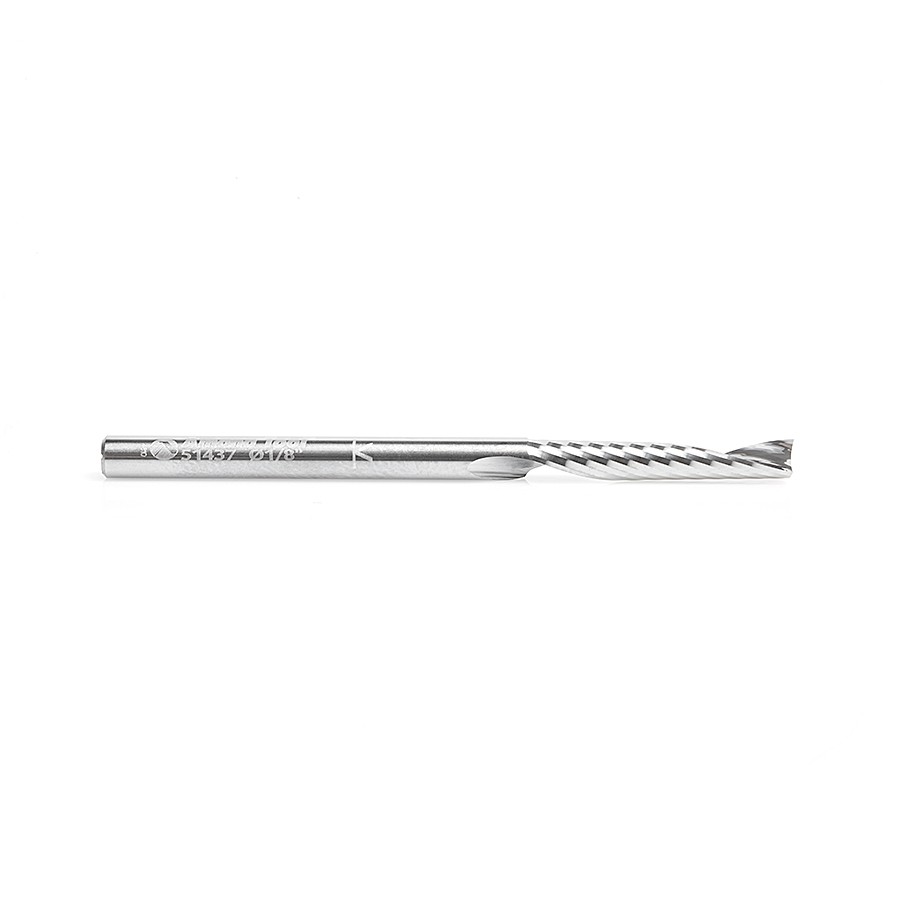 Amana 51437 Solid Carbide CNC Spiral 'O' Single Flute, Plastic Cutting 1/8 Dia x 3/4 x 1/8 Shank x 2 Inch Long Up-Cut Router Bit