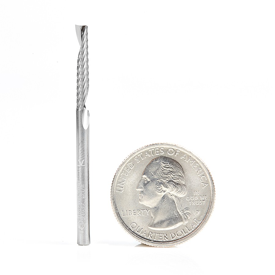 Amana 51437 Solid Carbide CNC Spiral 'O' Single Flute, Plastic Cutting 1/8 Dia x 3/4 x 1/8 Shank x 2 Inch Long Up-Cut Router Bit