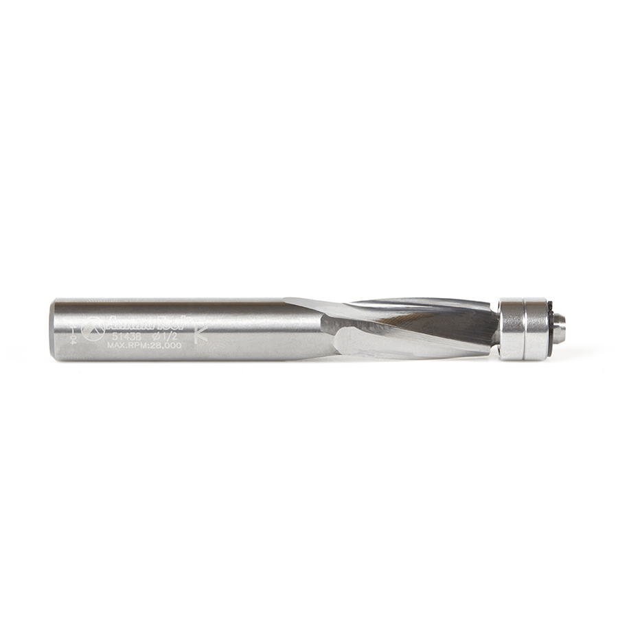 Amana 51438 Solid Carbide Spiral Plastic Flush Trim 1/2 Dia x 1-1/8 x 1/2 Shank x 4 Inch Long Double Ball Bearing
