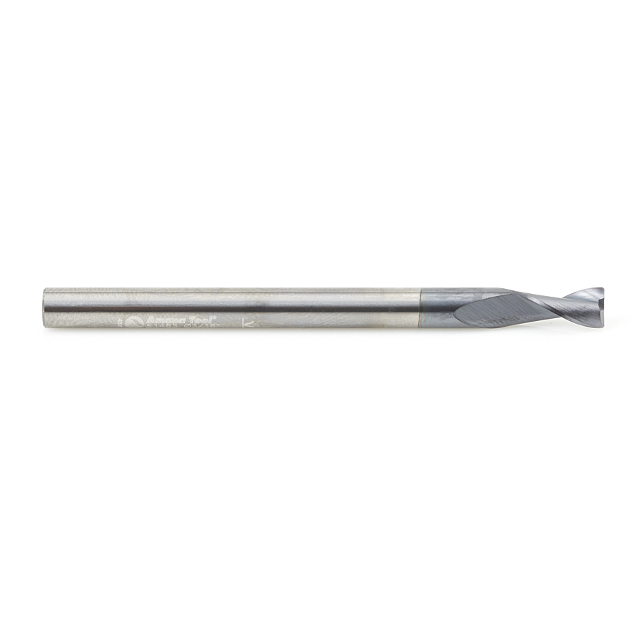 Amana 51463 CNC Solid Carbide Spiral for Steel & Stainless Steel with AlTiN Coating 2-Flute x 3/16 Dia x 3/8 x 3/16 Shank x 2-1/2 Inch Long Up-Cut Router Bit / 45º Corner Chamfer End Mill
