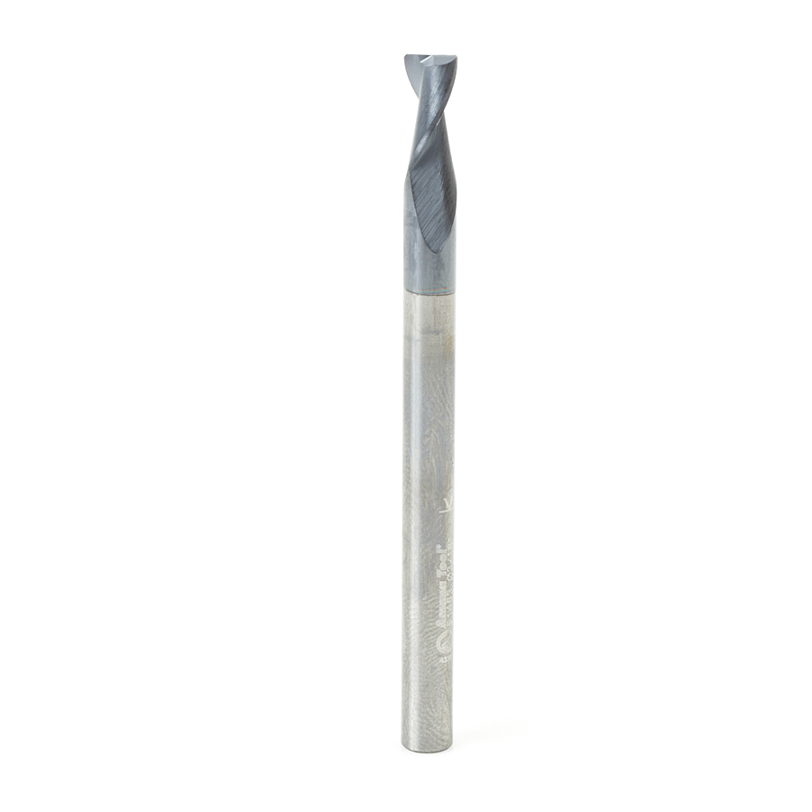 Amana 51463 CNC Solid Carbide Spiral for Steel & Stainless Steel with AlTiN Coating 2-Flute x 3/16 Dia x 3/8 x 3/16 Shank x 2-1/2 Inch Long Up-Cut Router Bit / 45º Corner Chamfer End Mill