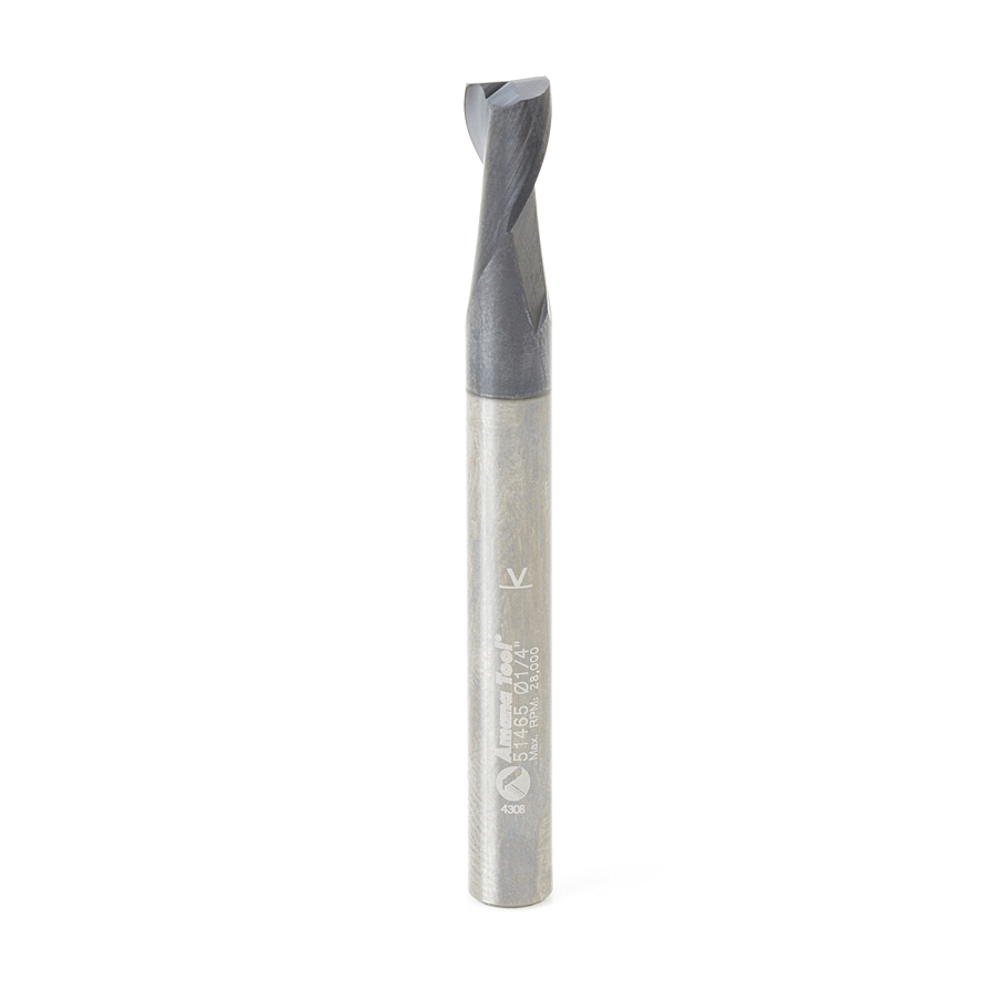 Amana 51465 CNC Solid Carbide Spiral for Steel & Stainless Steel with AlTiN Coating 2-Flute x 1/4 Dia x 3/8 x 1/4 Shank x 2-1/2 Inch Long Up-Cut Router Bit / 45º Corner Chamfer End Mill