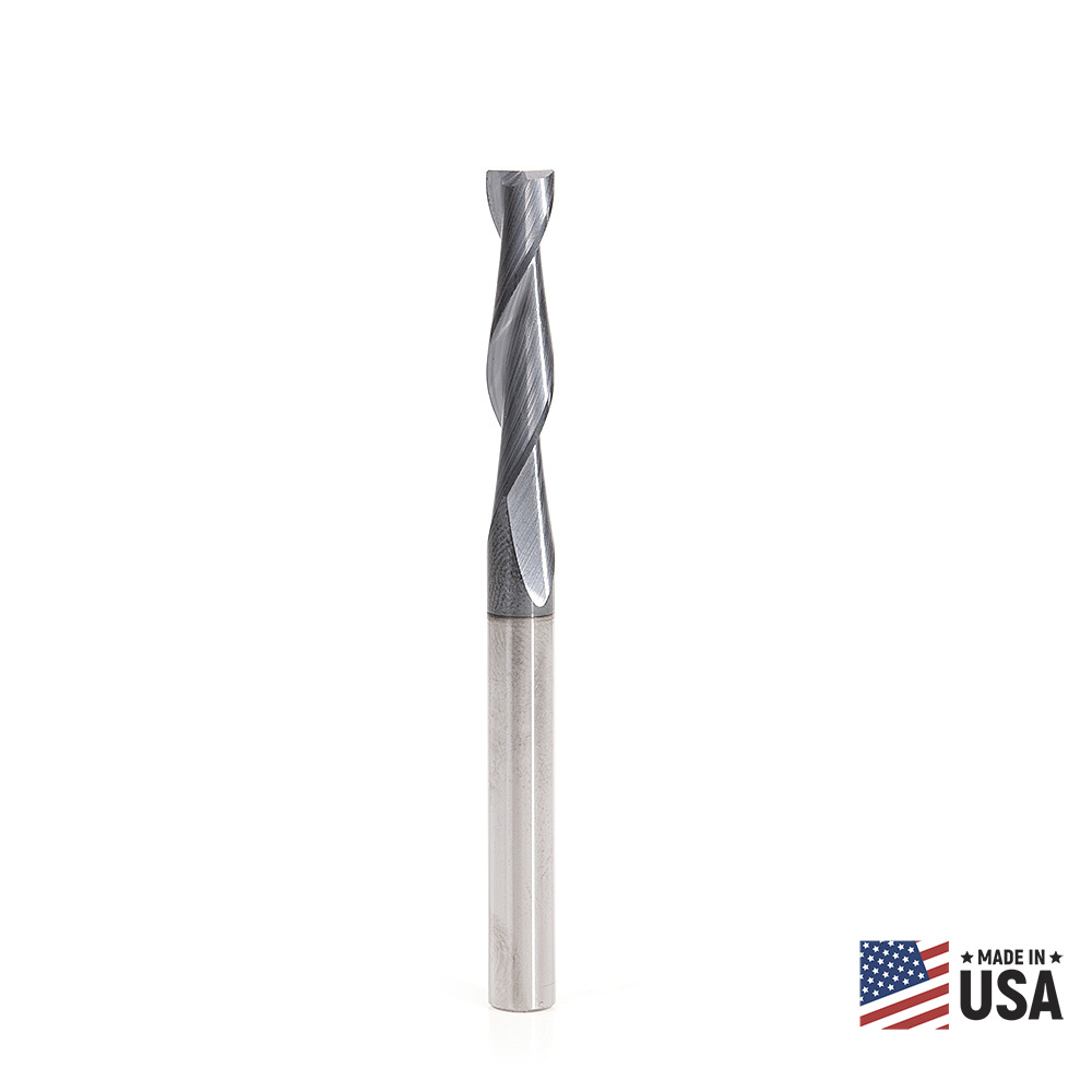 Amana 51469 CNC Solid Carbide Spiral for Steel & Stainless Steel with AlTiN Coating 2-Flute x 1/4 Dia x 1-1/8 x 1/4 Shank x 3 Inch Long Up-Cut Router Bit / 45º Corner Chamfer End Mill