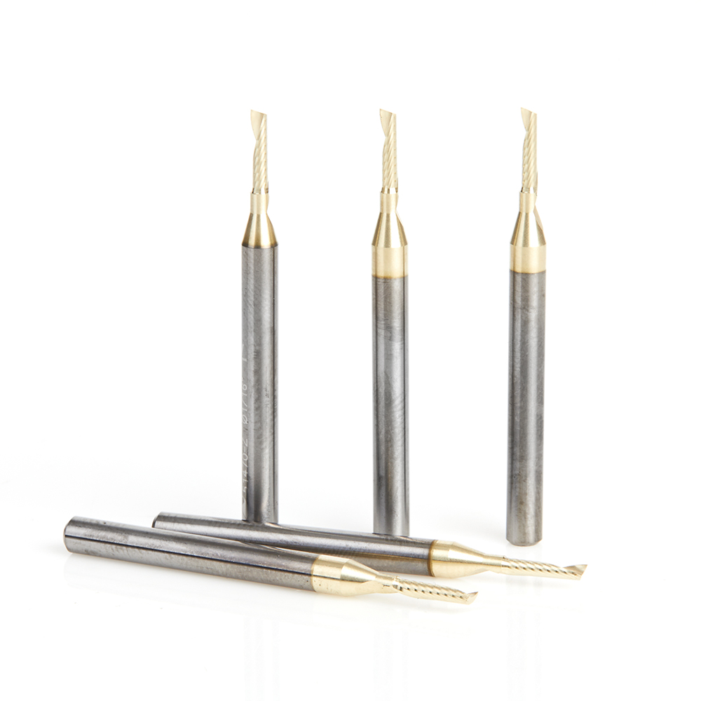 Amana 51470-Z-5 5-Pack Solid Carbide CNC Spiral 'O' Flute, Aluminum Cutting 1/16 Dia x 1/4 x 1/8 Shank Up-Cut ZrN Coated Router Bit