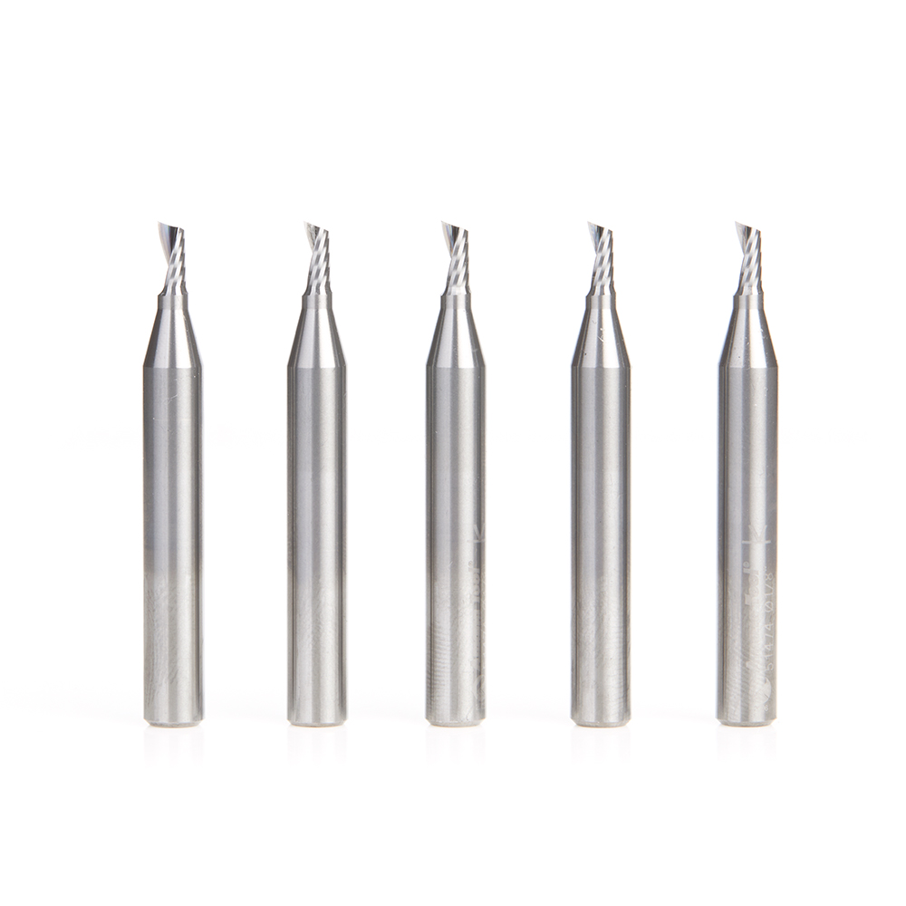 Amana 51474-5 5-Pack Solid Carbide CNC Spiral 'O' Single Flute, Aluminum Cutting 1/8 Dia x 1/4 x 1/4 Shank x 2 Inch Long Up-Cut Router Bit