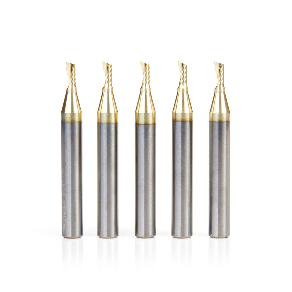 Amana 51474-Z-5 5-Pack Solid Carbide CNC Spiral 'O' Flute, Aluminum Cutting 1/8 Dia x 1/4 x 1/4 Shank Up-Cut ZrN Coated Router Bit